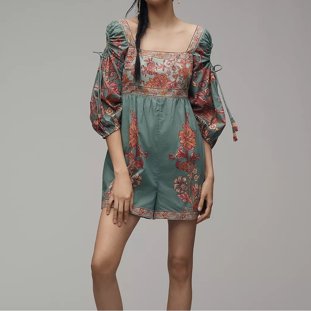 Farm Rio x Anthropologie Puff-Sleeve Square-Neck Romper